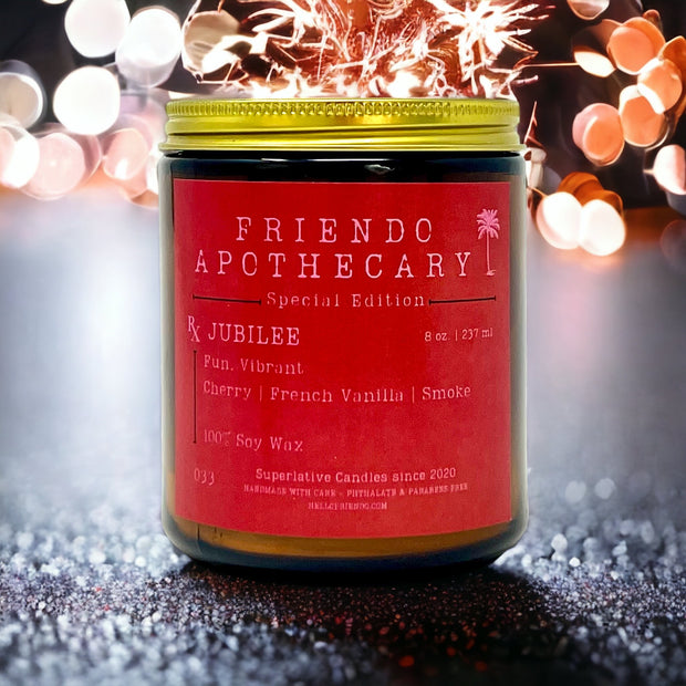 Jubilee vegan soy candle.  Cherries and Vanilla with a wisp of smoke.